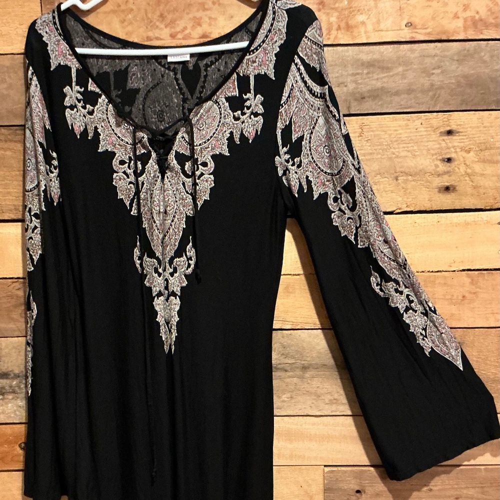 Boho Lace-Up Paisley Trim Long Sleeve Dress - Black
